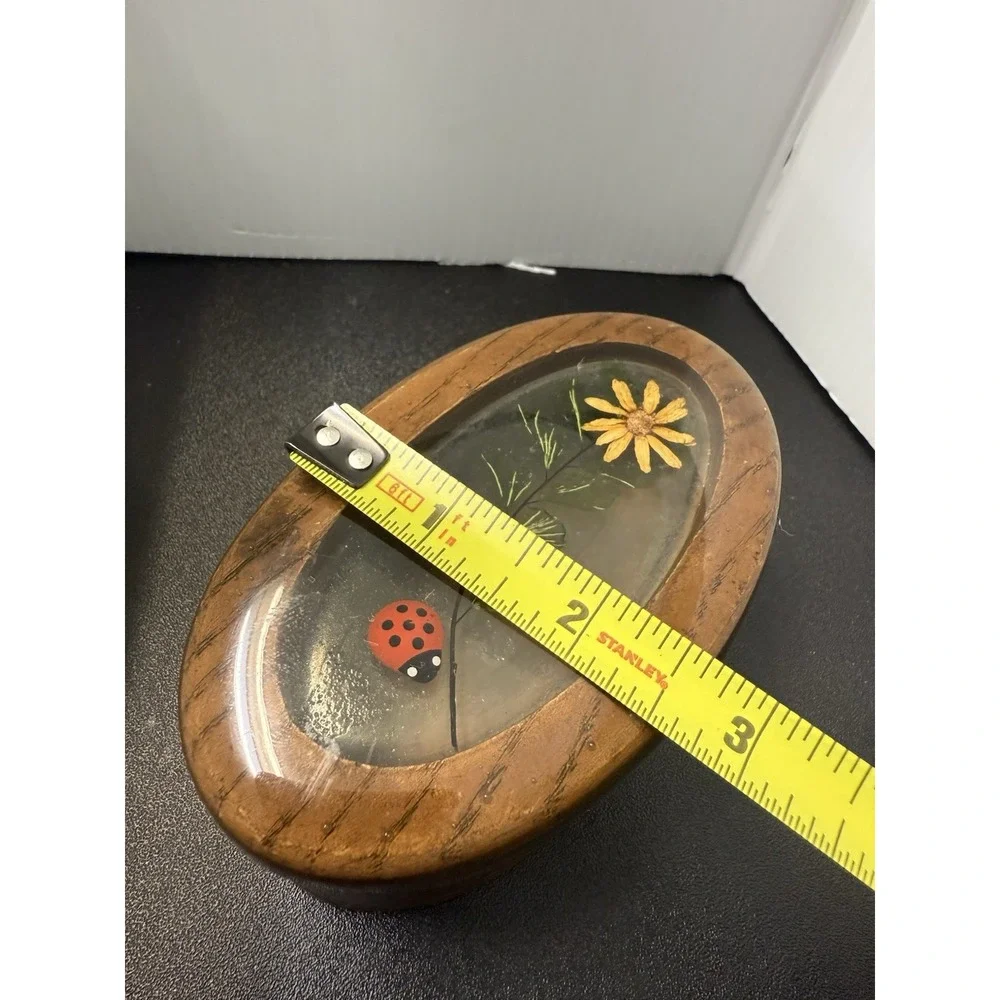 Vintage 1970's Design Gifts Wood Trinket Box Resin Lid Authentic Ladybug Flower